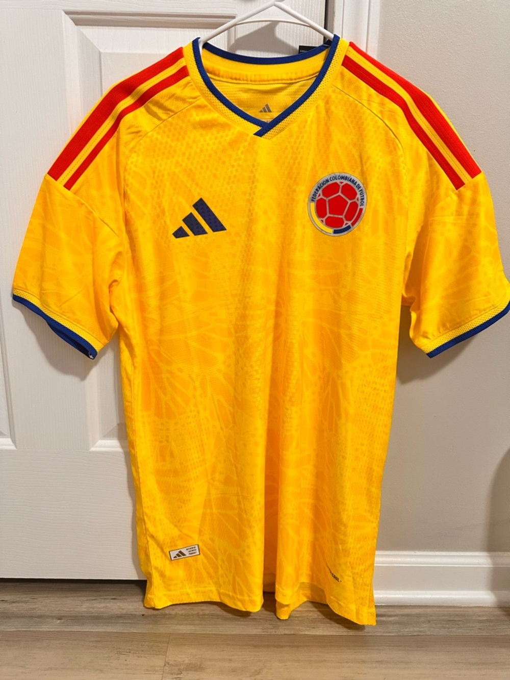 Men!! adidas Yellow Soccer Jersey with Red & Blue Accents